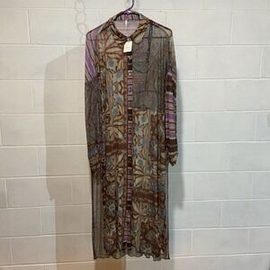 Free People Naomi Buttondown Maxi Top Long Sleeve Printed SMALL Black‎ Combo NWT